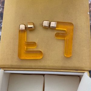 Fendi Amber Resin 'F' Logo Earrings with Gold Hardware